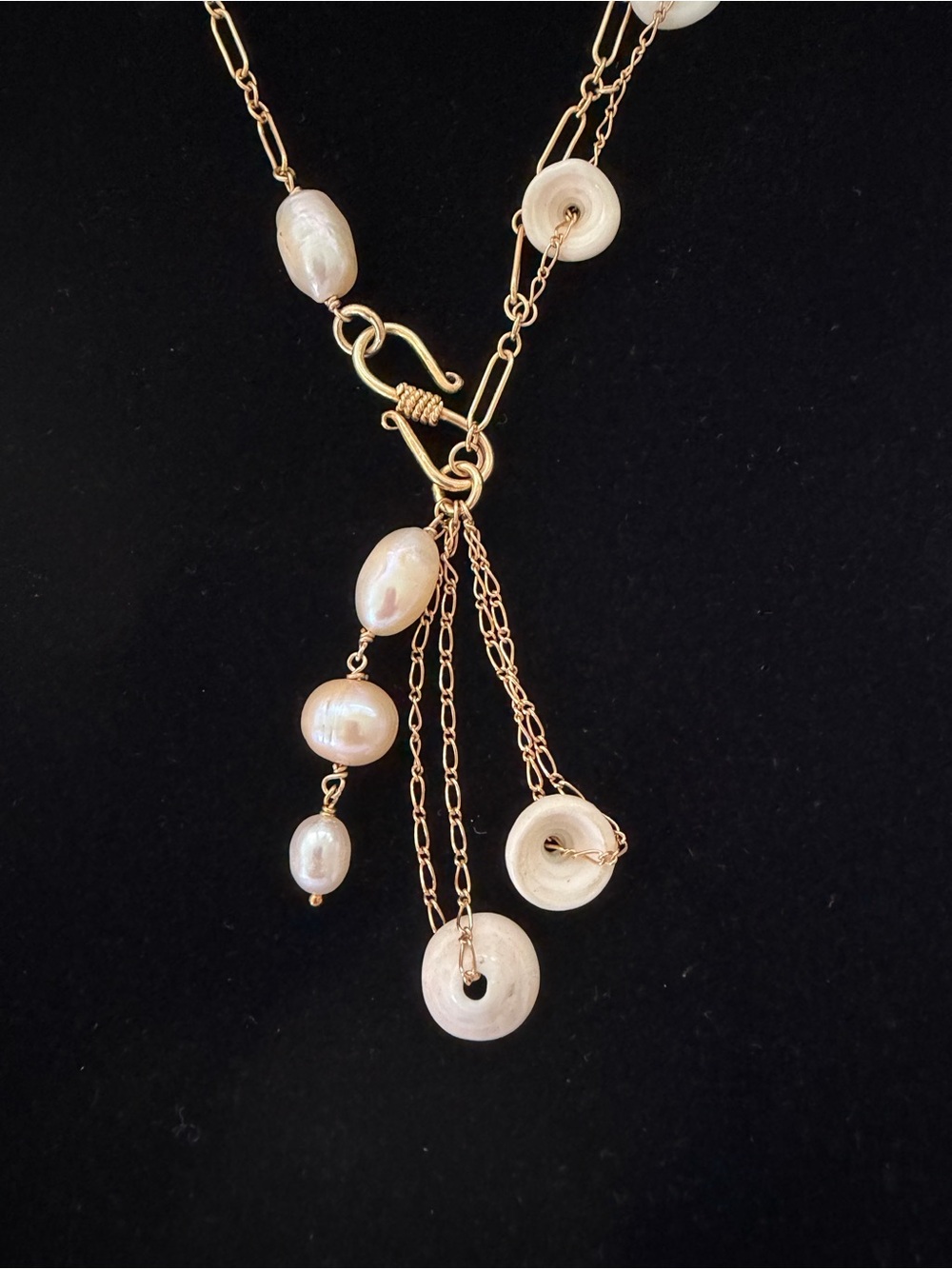 Delicate Puka Shell and Pearl Drop Gold Necklace - Picture 3 of 3